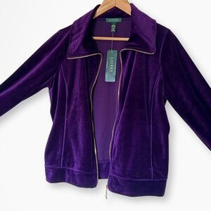 Lauren Ralph Lauren Velour Zip Up Track Jacket Purple Gold Zipper, Large NWT